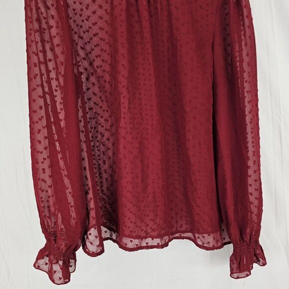 Modcloth Red Mock Neck Women's Size Large Shear Heart Print Long Sleeve Blouse - Picture 2 of 7